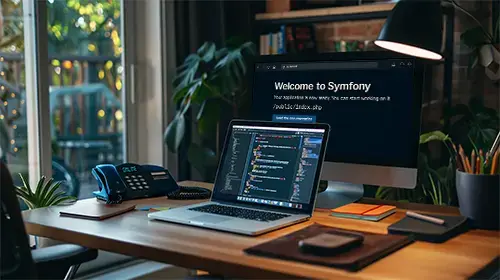 Moderner Arbeitsplatz für Softwareentwickler mit Laptop und Monitoren im Homeoffice, zeigt Programmiercode und kreative Arbeitsumgebung.