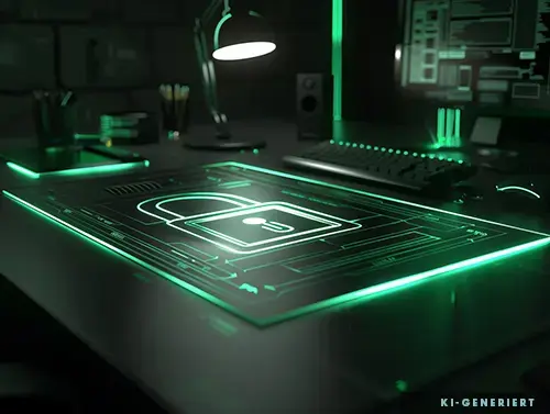 Modernes IT-Sicherheits-Visual mit digitalem Schloss-Symbol auf beleuchtetem Schreibtisch, Darstellung von Cybersecurity und Compliance in Unternehmen Modernes IT-Sicherheits-Visual mit digitalem Schloss-Symbol auf beleuchtetem Schreibtisch, Darstellung von Cybersecurity und Compliance in Unternehmen