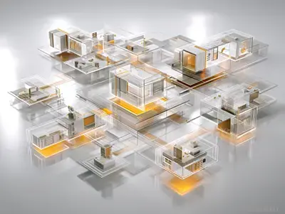 Abstrakte 3D-Darstellung vernetzter Organisationsstrukturen mit transparenten Ebenen und leuchtenden Verbindungslinien, symbolisiert Rollen- und Verantwortlichkeitsmodelle (RACI) und Prozesslandkarten für effizientes Organisationsmanagement.