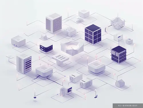 3D illustration of interconnected servers and software modules representing system integration and seamless digital data flows in a modern IT infrastructure