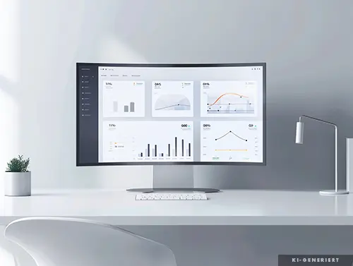 A modern minimalist office workspace with a large curved monitor displaying analytic dashboards and KPI charts, featuring a clean white desk, keyboard, lamp, and small plant.