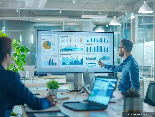 Engineer presenting process optimization dashboards and performance charts on a large screen during a meeting in a modern office, while colleagues review data on their laptops. Engineer presenting process optimization dashboards and performance charts on a large screen during a meeting in a modern office, while colleagues review data on their laptops.