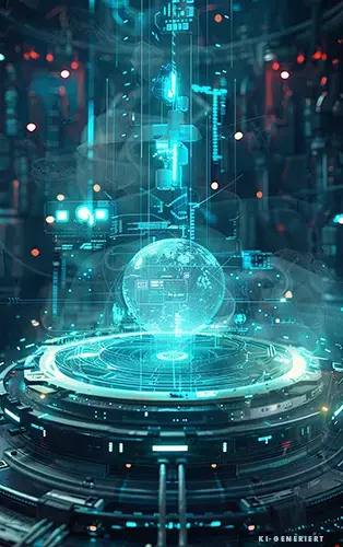 A futuristic holographic data core floating above a circular platform, surrounded by glowing blue digital interfaces, technical schematics, and sci-fi analytics elements inside a high-tech chamber.