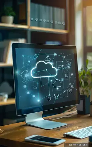 A desktop monitor in a modern office displaying a glowing cloud-integration network diagram with connected nodes and digital pathways, symbolizing seamless cloud connectivity.