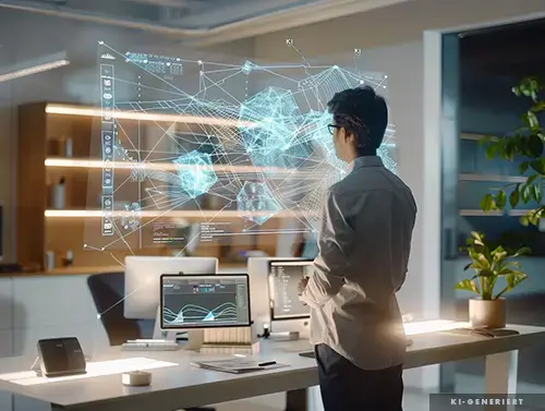 A professional standing in a modern office analyzing a large holographic AI interface displaying neural-network structures and data patterns, symbolizing automated machine-learning process analysis.