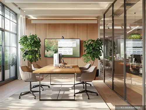 A office meeting room with wood paneling, glass partitions, modern chairs, and a digital display showing process optimization content.