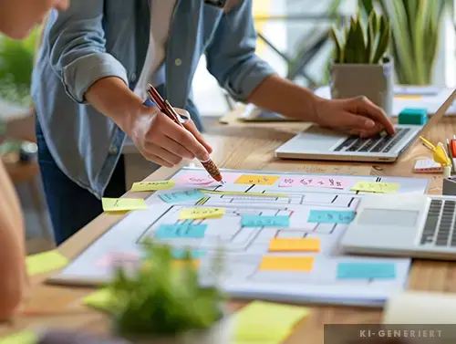 UX Prozessflow Workshop mit Sticky Notes und Flowchart – Team arbeitet an agilen Abläufen und Prozessoptimierung in kleiner Softwarefirma.