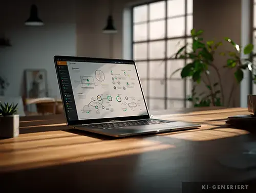 Fotorealistische Nahaufnahme eines Laptops mit Prozessdiagrammen für den kontinuierlichen Verbesserungsprozess (KVP) in einer modernen IT-Beratungsumgebung, natürlicher Scandi-Workspace mit warmem Licht und Fokus auf Workflow-Optimierung.