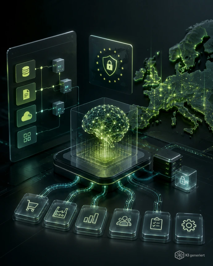 Visualisierung einer europäischen KI-Infrastruktur mit geschützten Datenquellen, zentraler Modelllogik und angebundenen Geschäftsprozessen.