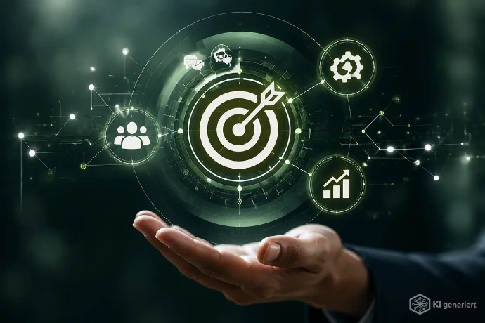 Digitale Darstellung von Ziel, Zusammenarbeit, Umsetzung und messbarer Wirkung als Symbol für wirksame Organisationsberatung durch TrendTec.