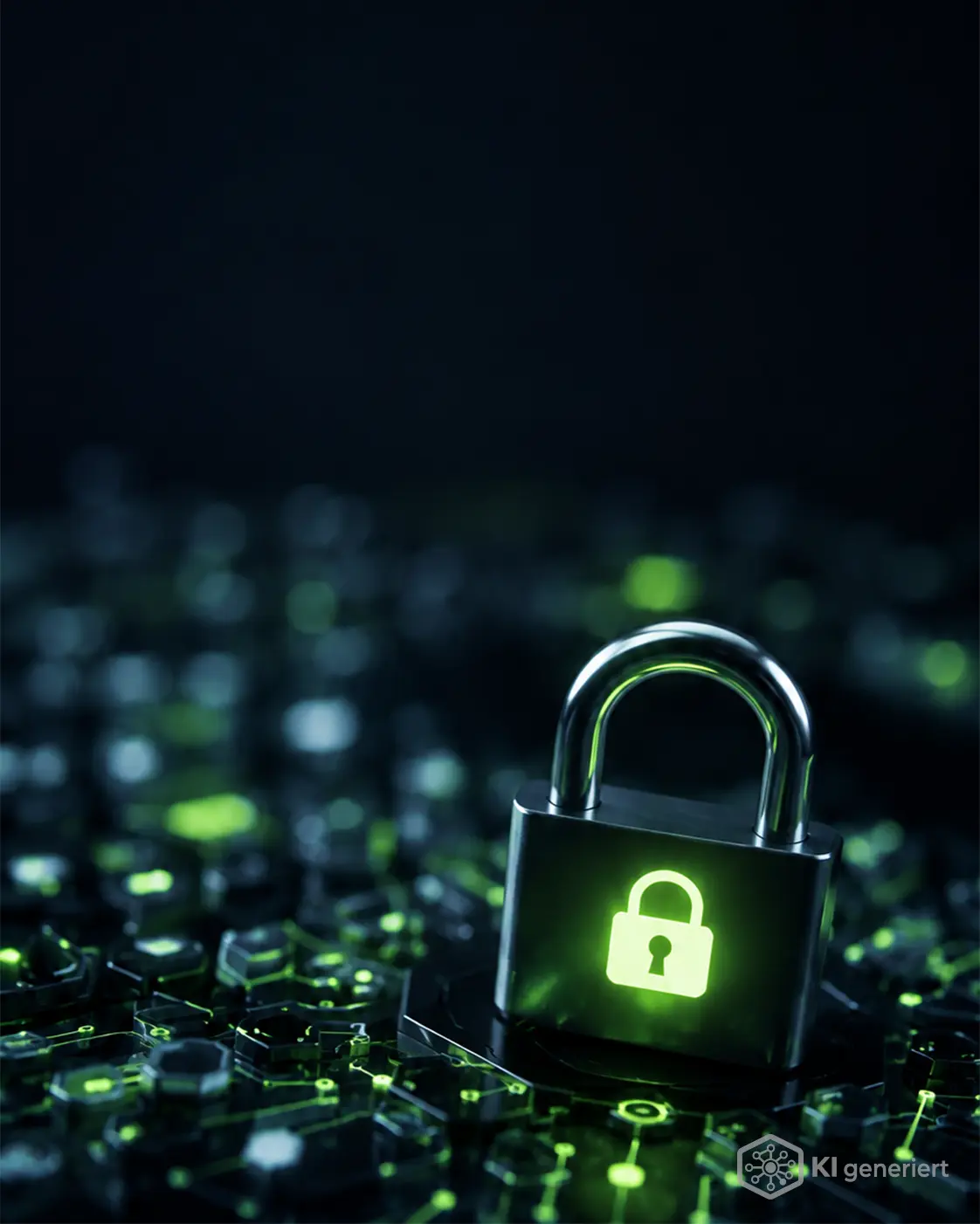 Leuchtendes Vorhängeschloss auf einer digitalen Netzwerkstruktur als Symbol für Datenschutz und geschützte Unternehmensdaten