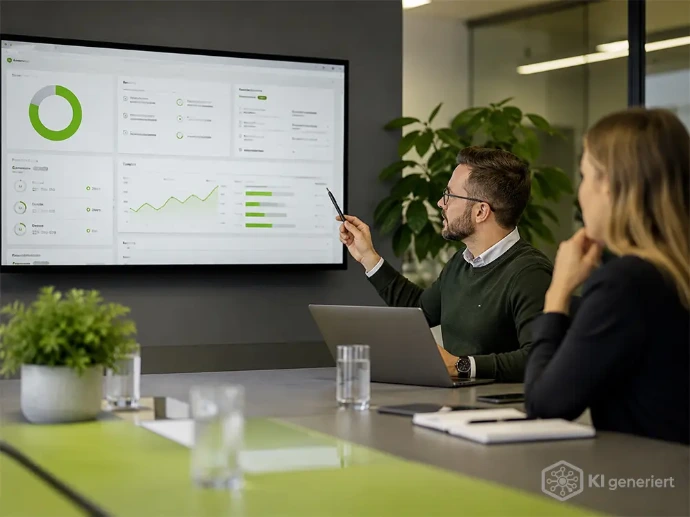 Berater erläutert einer Kundin die Auswertung eines Datenschutz-Dashboards zur kontinuierlichen Betreuung und Steuerung.